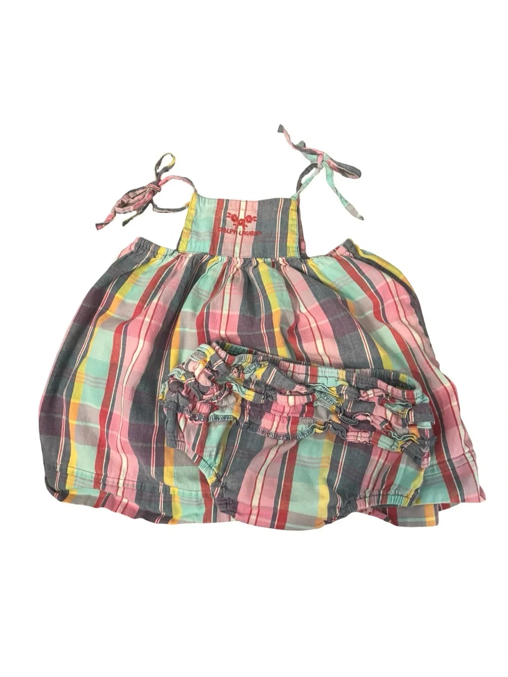 Vintage Ralph Lauren Plaid Pastel Infant Sundress & Bloomers Set Small 6-12 M